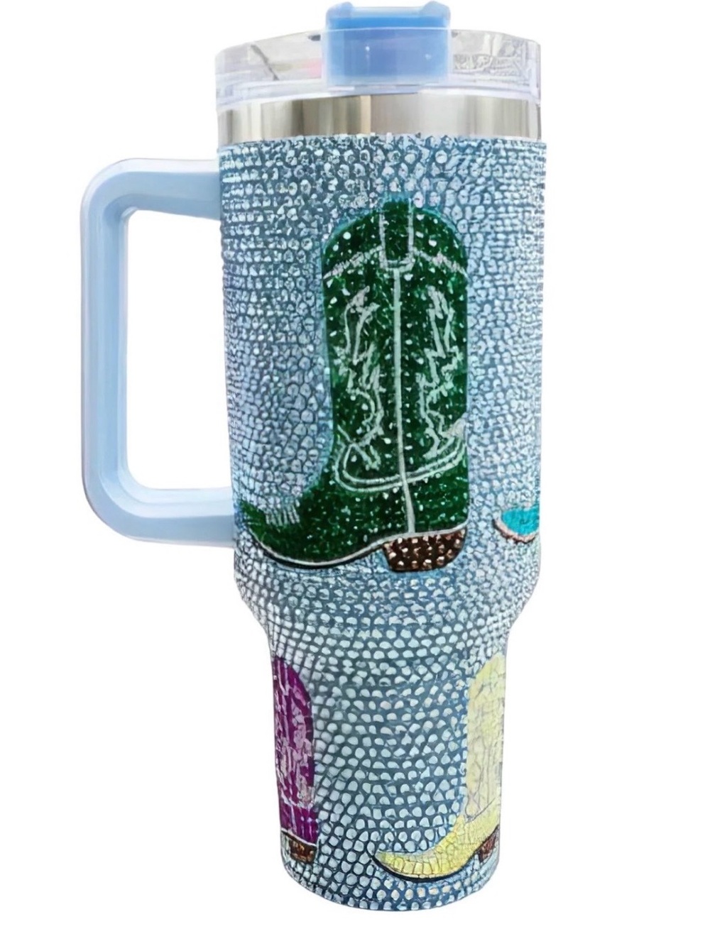 Queen of Sparkles Cowboy Boot Travel Tumbler Light Blue NWOT